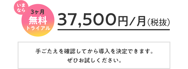 いまなら3ヶ月無料トライアルひと月37,500円(税抜)。手ごたえを確認してから導入を決定できます。ぜひお試しください。